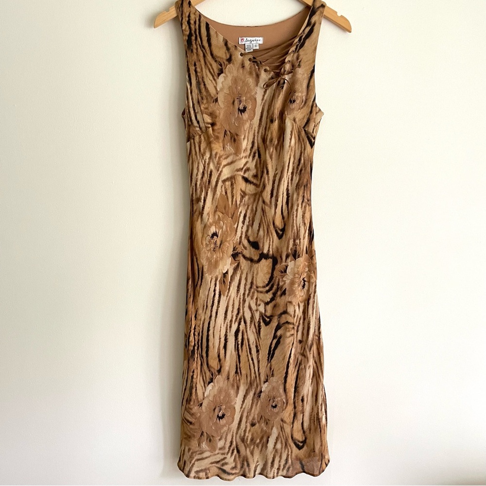 O. Suzanne Y2K Tiger Stripe Print Lace Up Long Midi Slip Dress - Picture 1 of 8
